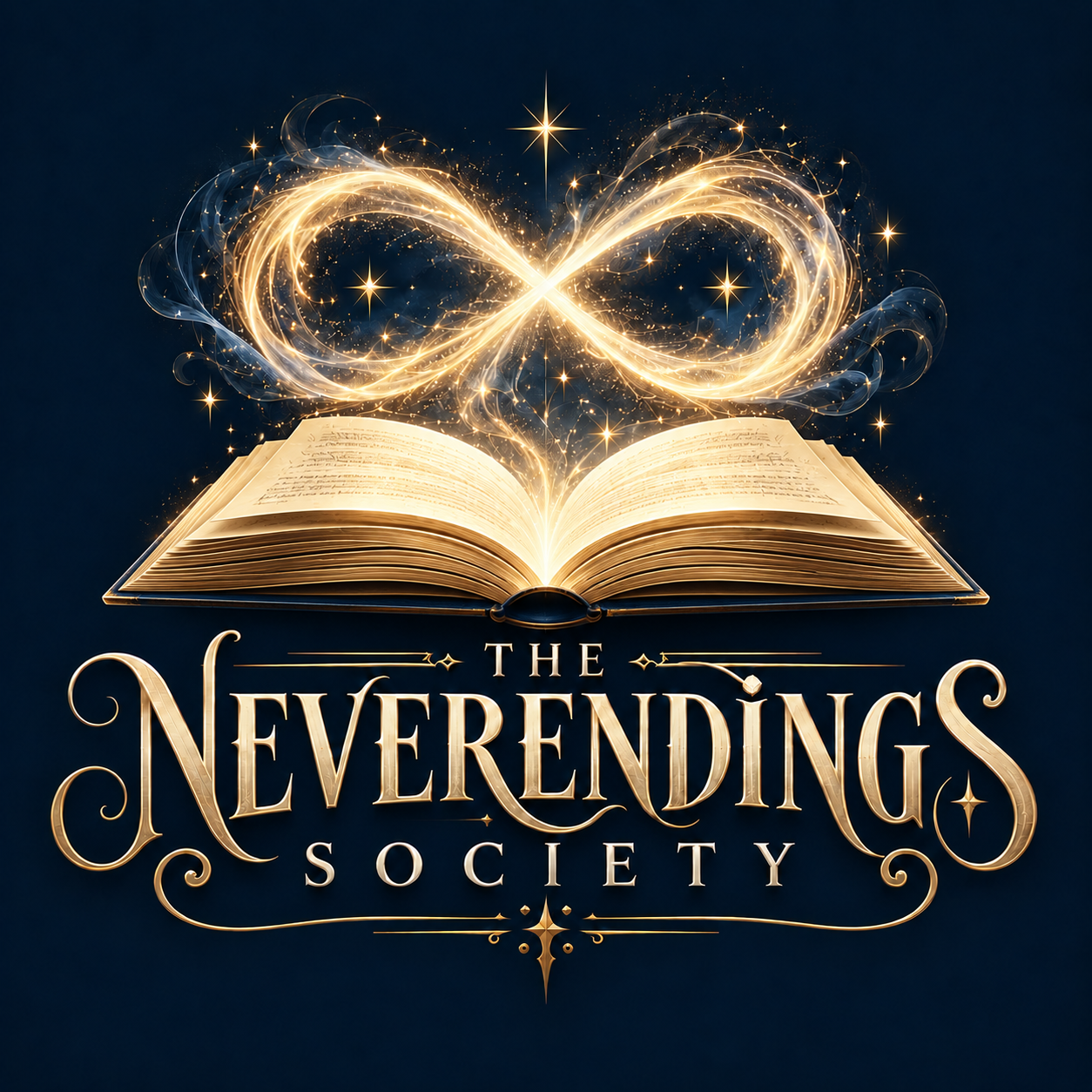 The Neverendings Society: an open book beneath a glowing infinity symbol