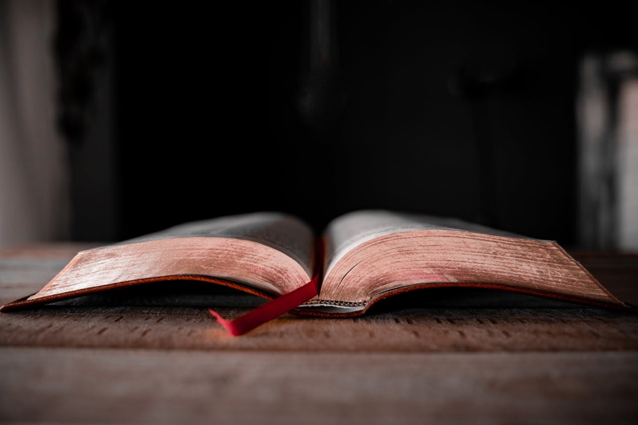 Offerings An open Bible with a red bookmark lies on a rustic wooden table.